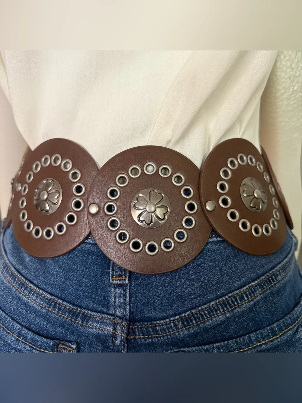 Brown PU leather concho belt with old silver tone buckle